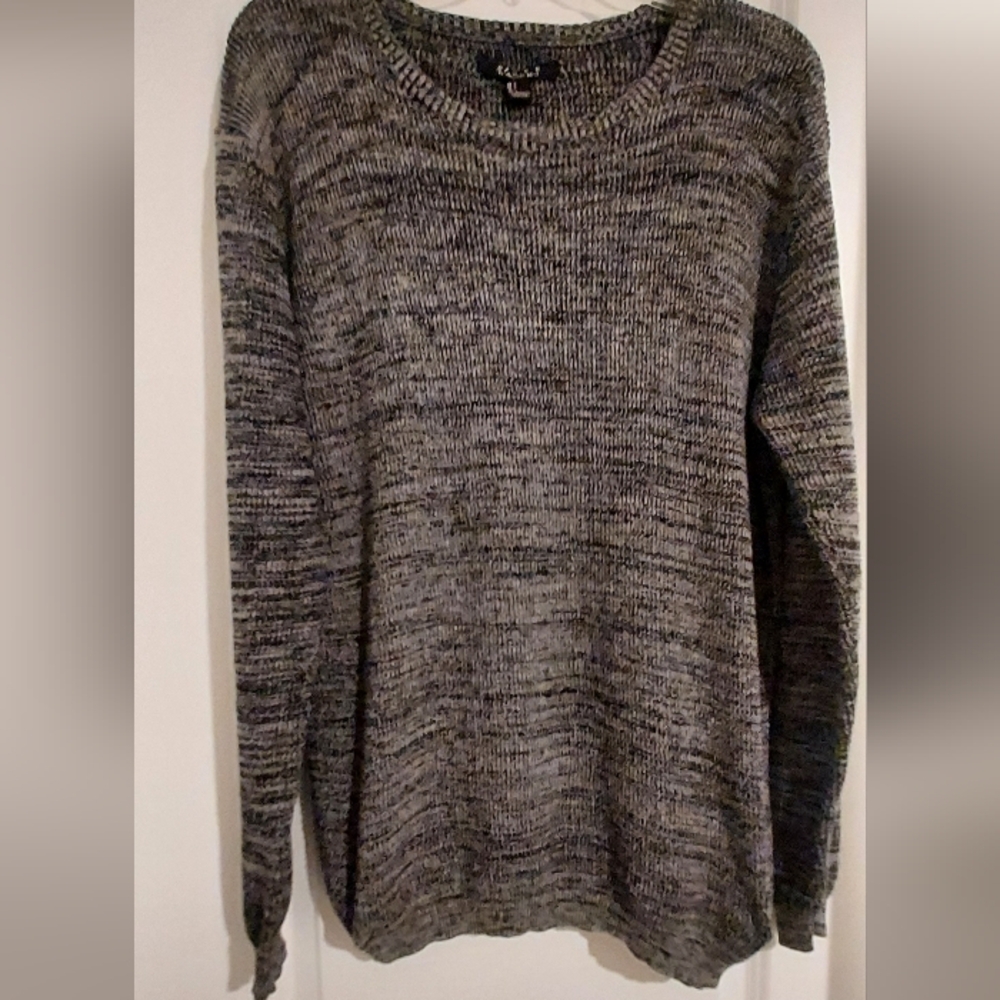 21 Men Sweater Large Gray Black Marled Knit Crew Pullover Casual Preppy Cotton